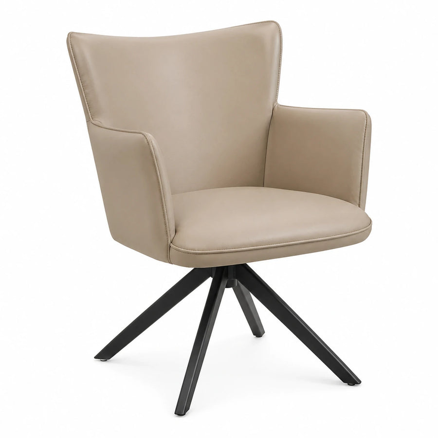 Beige Leather Swivel Armchair with Black Metal Base