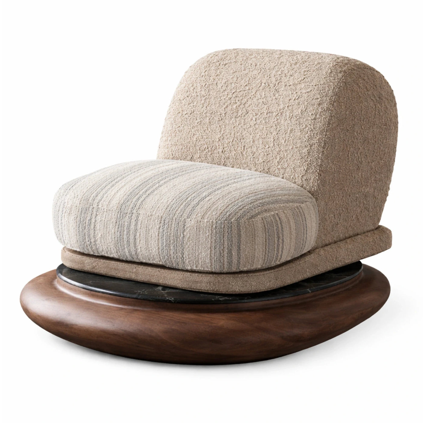 Beige Boucle Swivel Lounge Chair with Marble Base