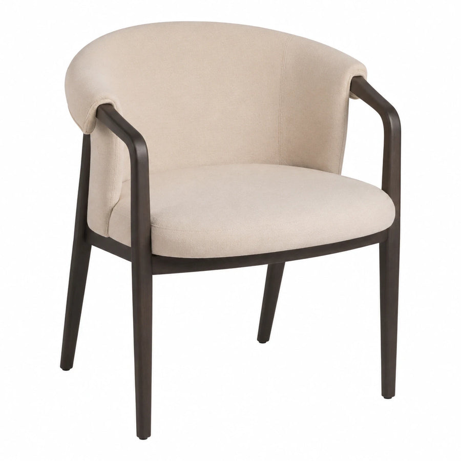 Beige Fabric Armchair with Dark Wood Frame