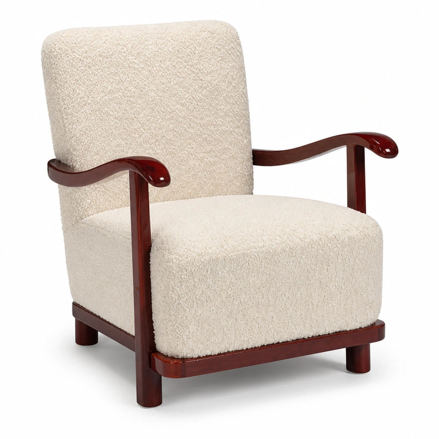 Wide Plank Cream Boucle Armchair with Dark Wood Frame