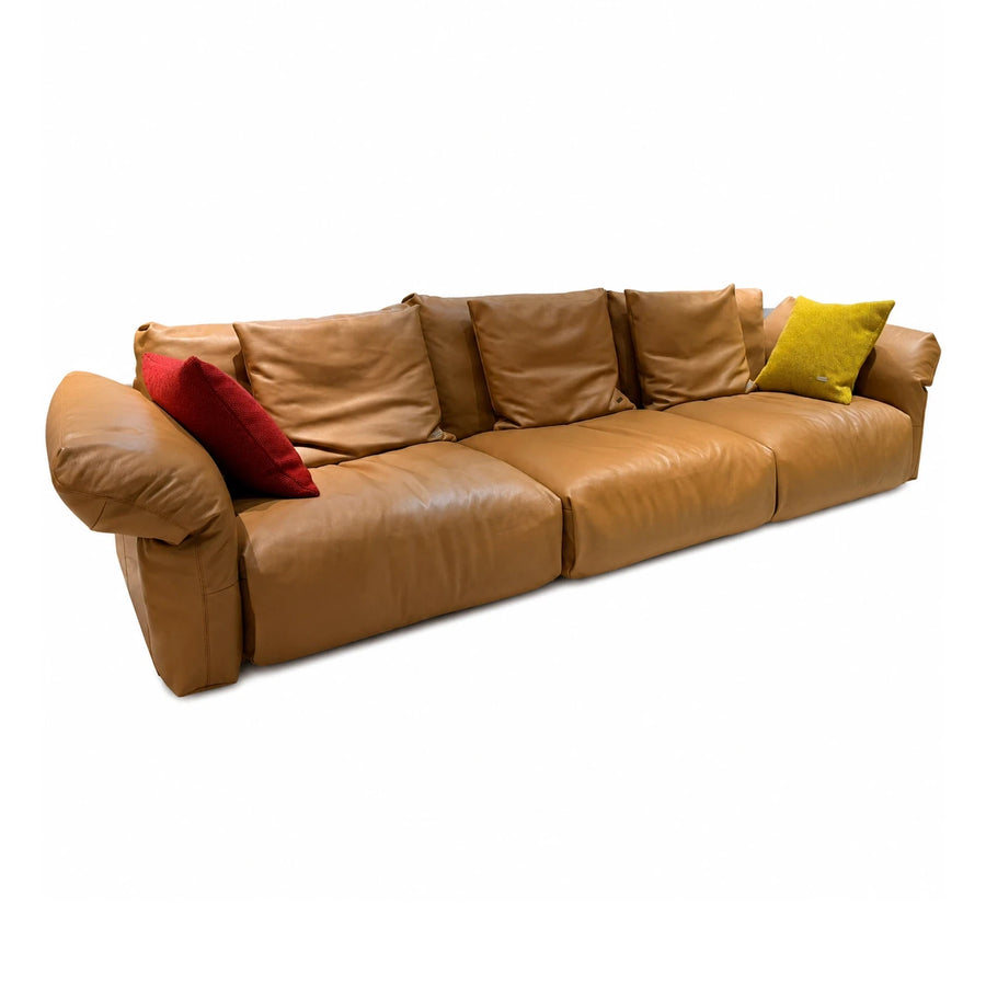 Brown Linear Tan Leather Modular Sofa with Accent Pillows Sofas