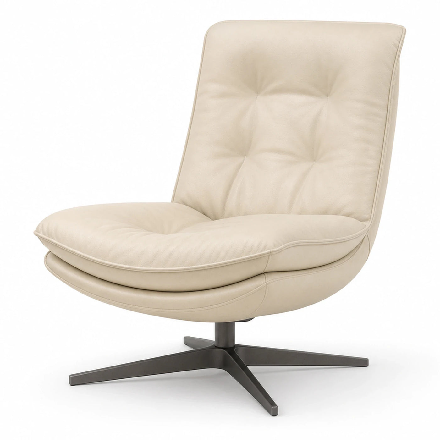 Cream Leather Swivel Lounge Chair with Tufted Back