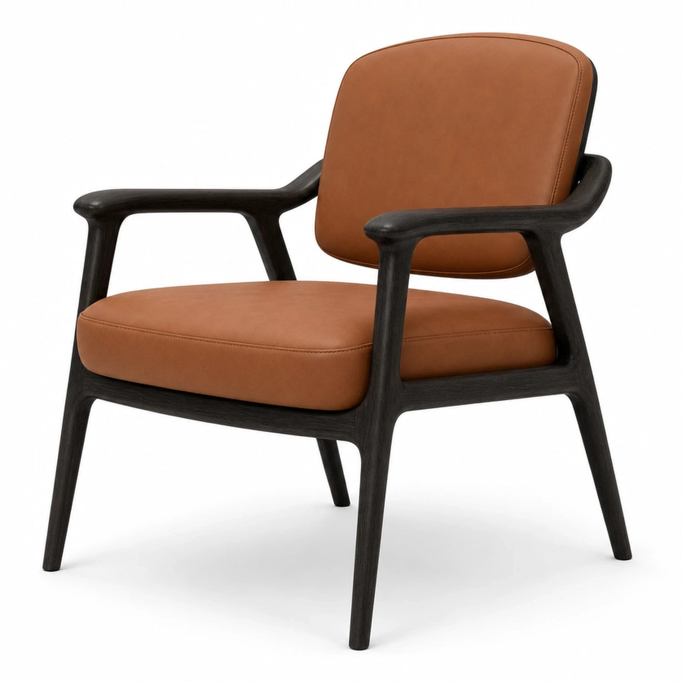 Modern Brown Leather Armchair with Dark Wood Frame