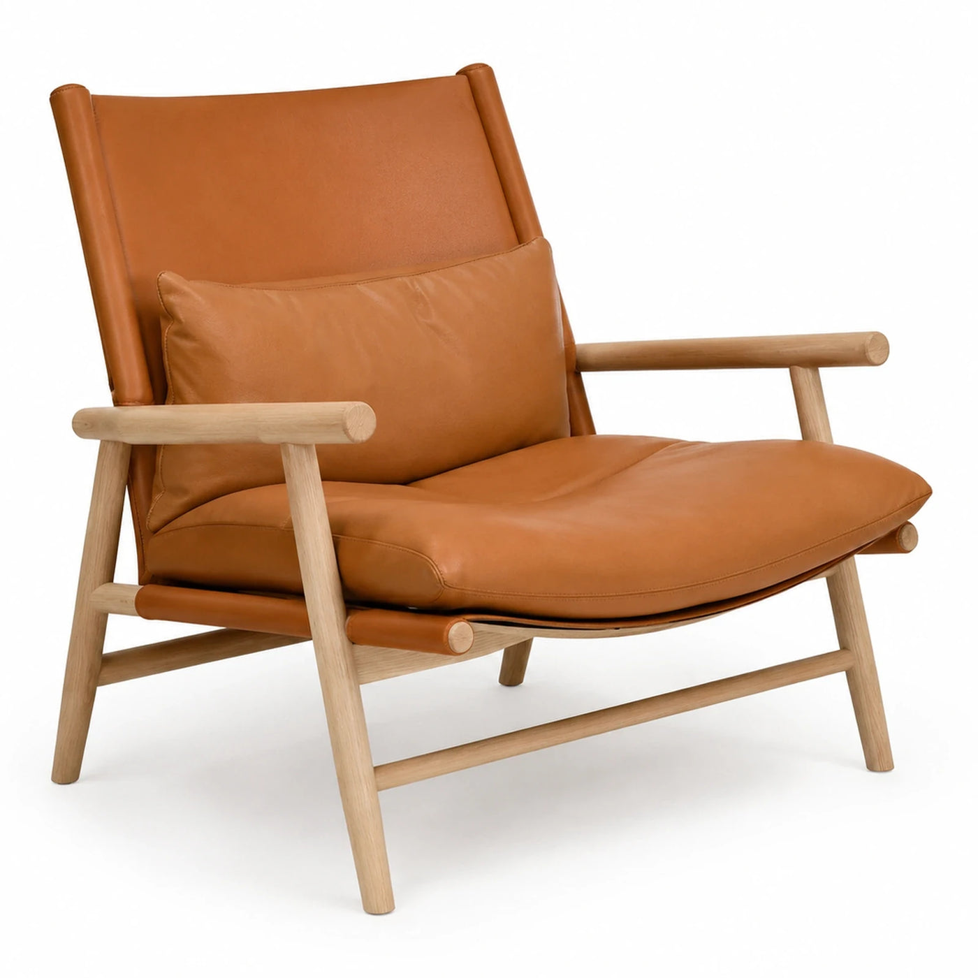 Brown Linear Tan Leather Lounge Chair with Light Wood Frame