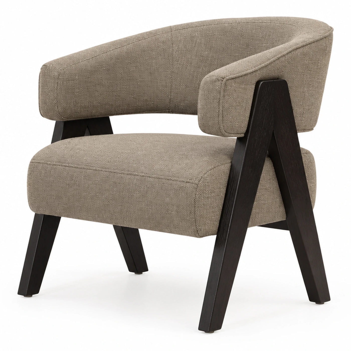 Wide Plank Beige Boucle Armchair with Dark Wood Frame