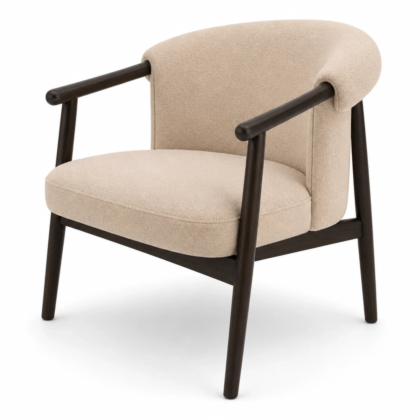 Linear Beige Boucle Armchair with Dark Wood Frame