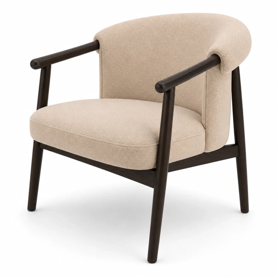 Linear Beige Boucle Armchair with Dark Wood Frame