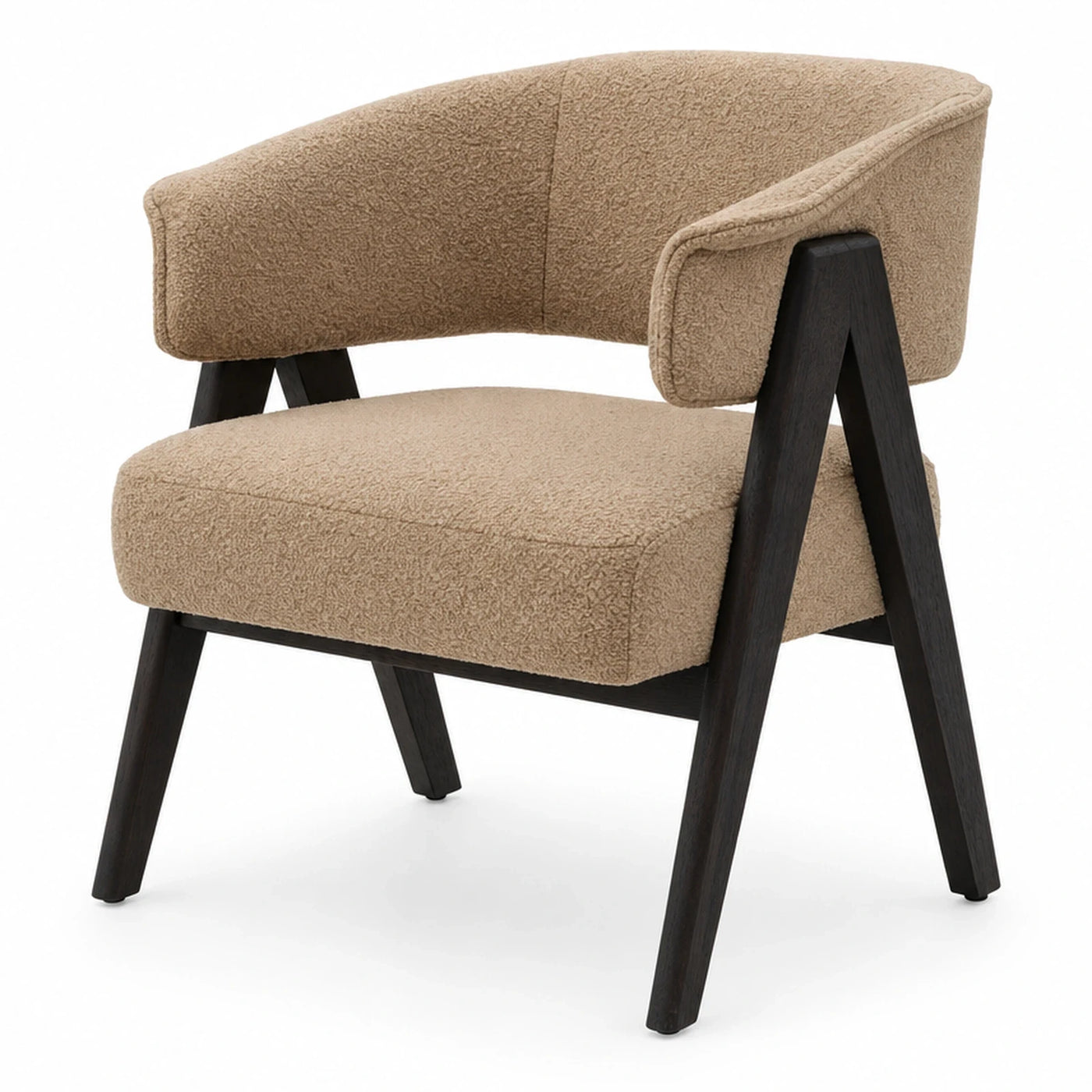 Natural Grain Beige Boucle Armchair with Dark Wood Frame