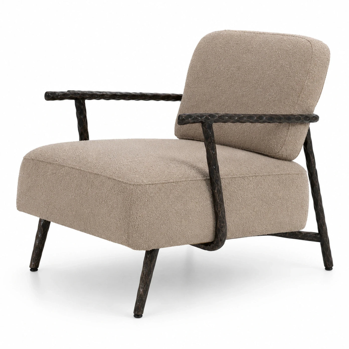 Beige Boucle Lounge Chair with Dark Textured Metal Frame