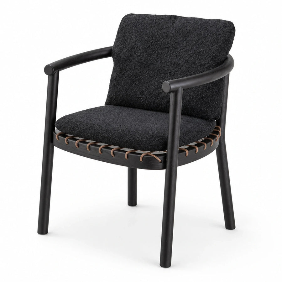 Fabric Wide Plank Black Boucle Armchair with Leather Lacing Detail