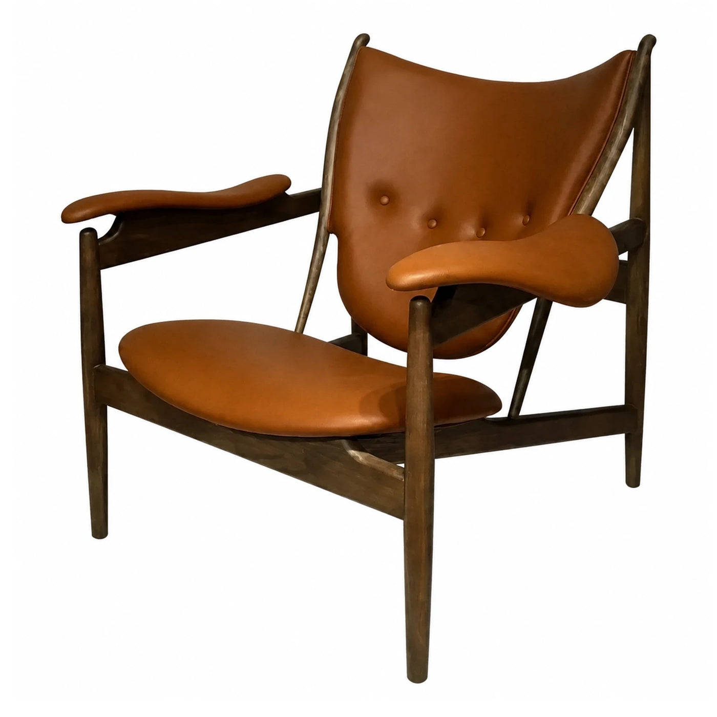Brown Leather Sling Lounge Chair with Wooden Frame