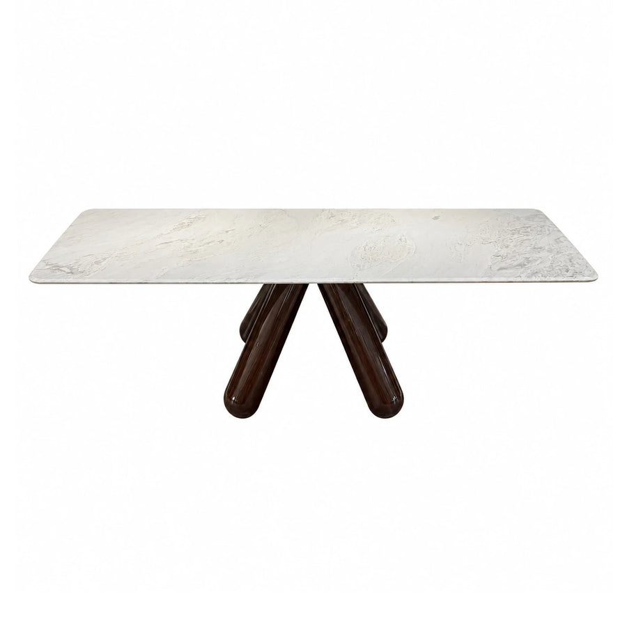 Linear White Marble Top Dining Table with Dark Wood Base Dining Tables & Seating