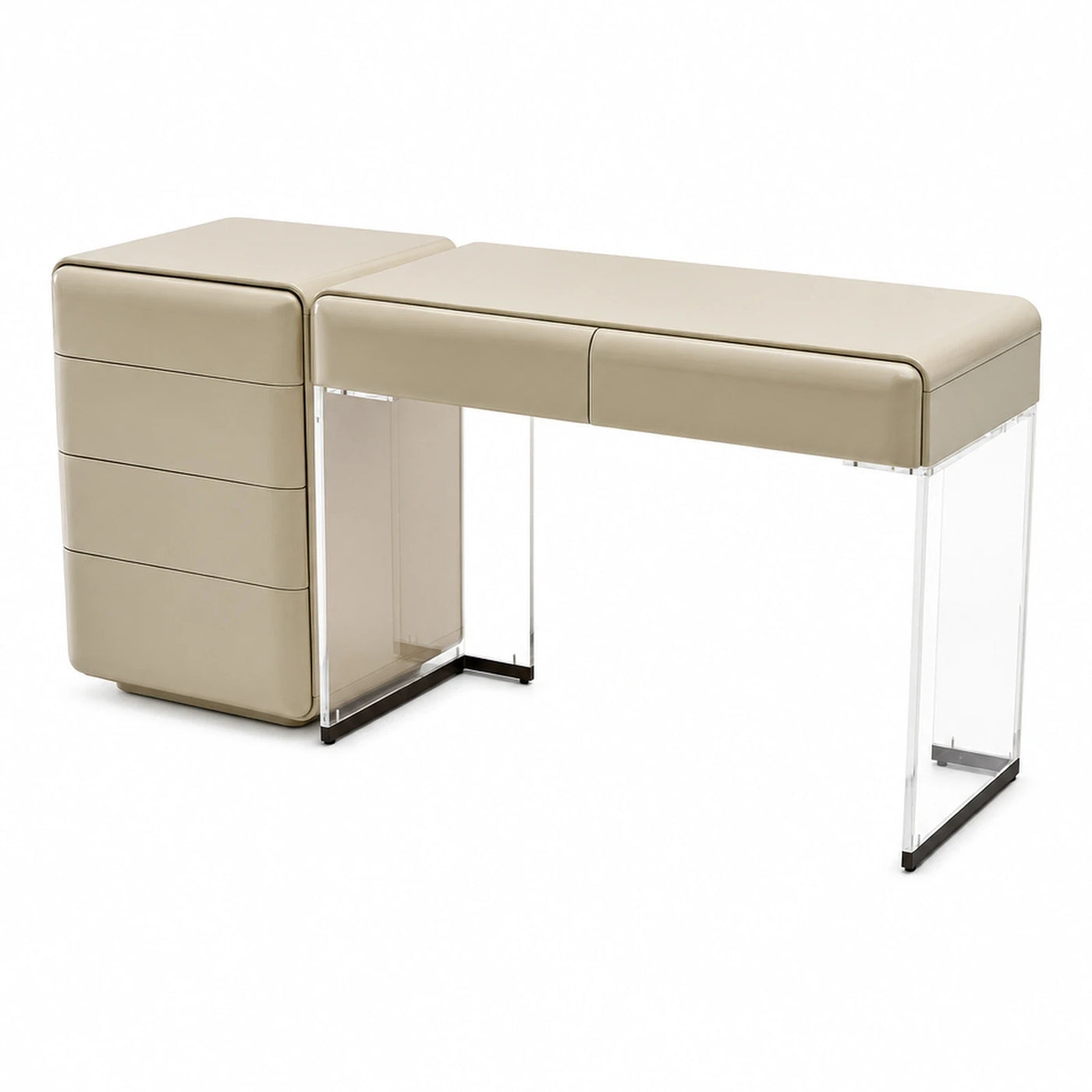 Beige Leather Desk with Acrylic Legs and Drawers