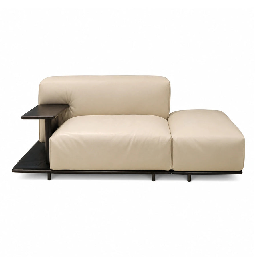Cream Leather Modular Sofa with Dark Wood Side Table