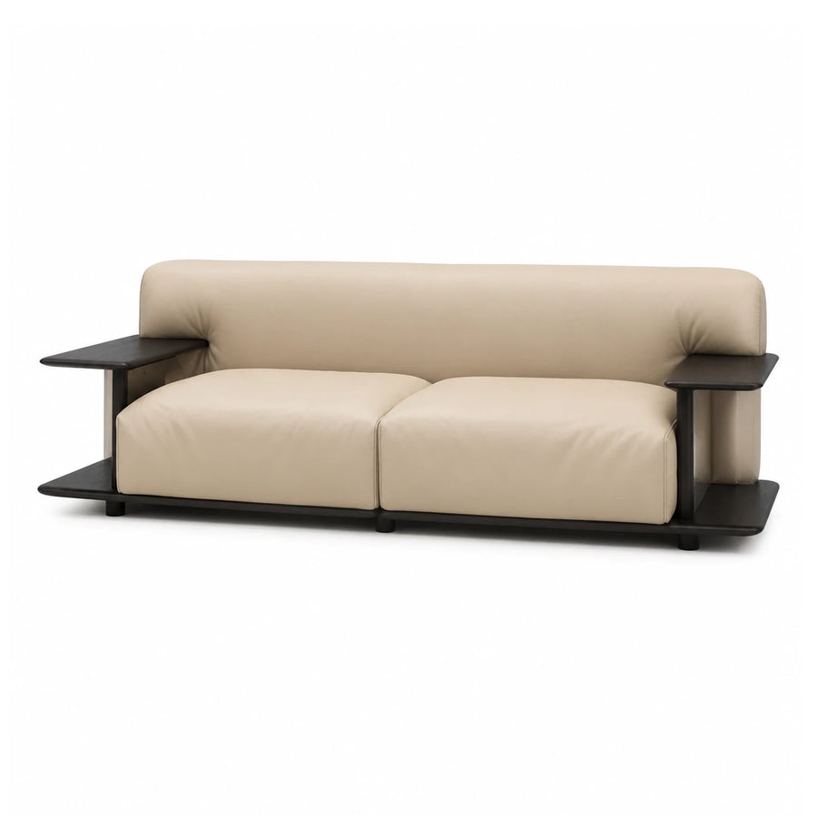 Beige Leather Sofa with Dark Wood Side Tables
