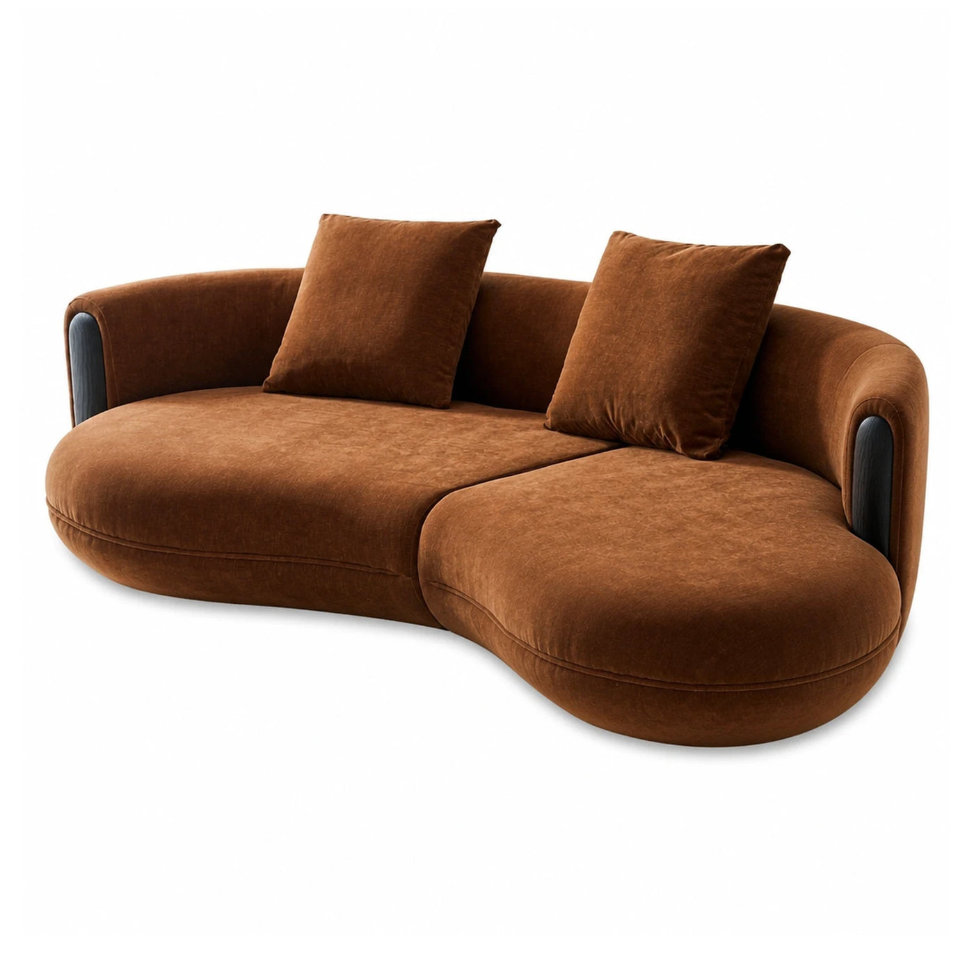 Curved Brown Velvet Modular Sofa with Dark Wood Accents