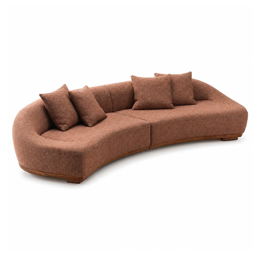 Curved Brown Fabric Sectional Sofa with Wooden Base