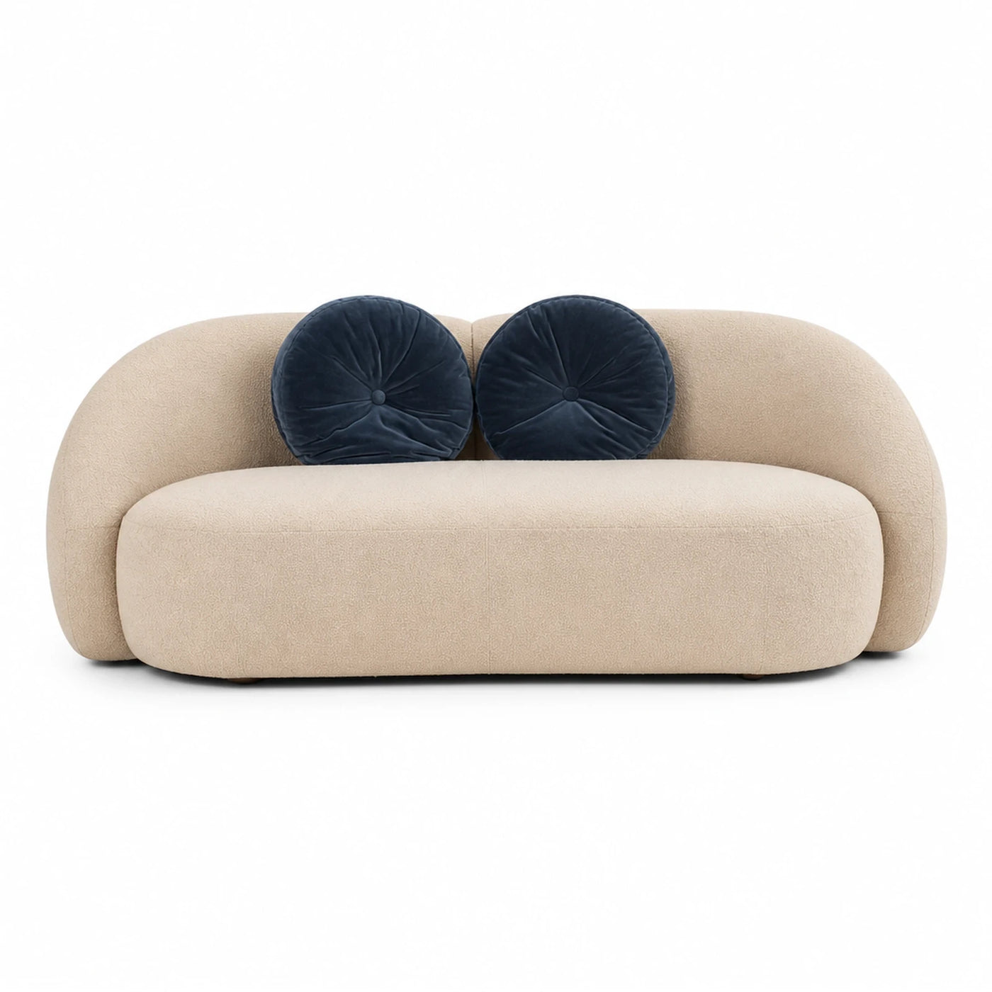 Beige Boucle Curved Sofa with Navy Pillows