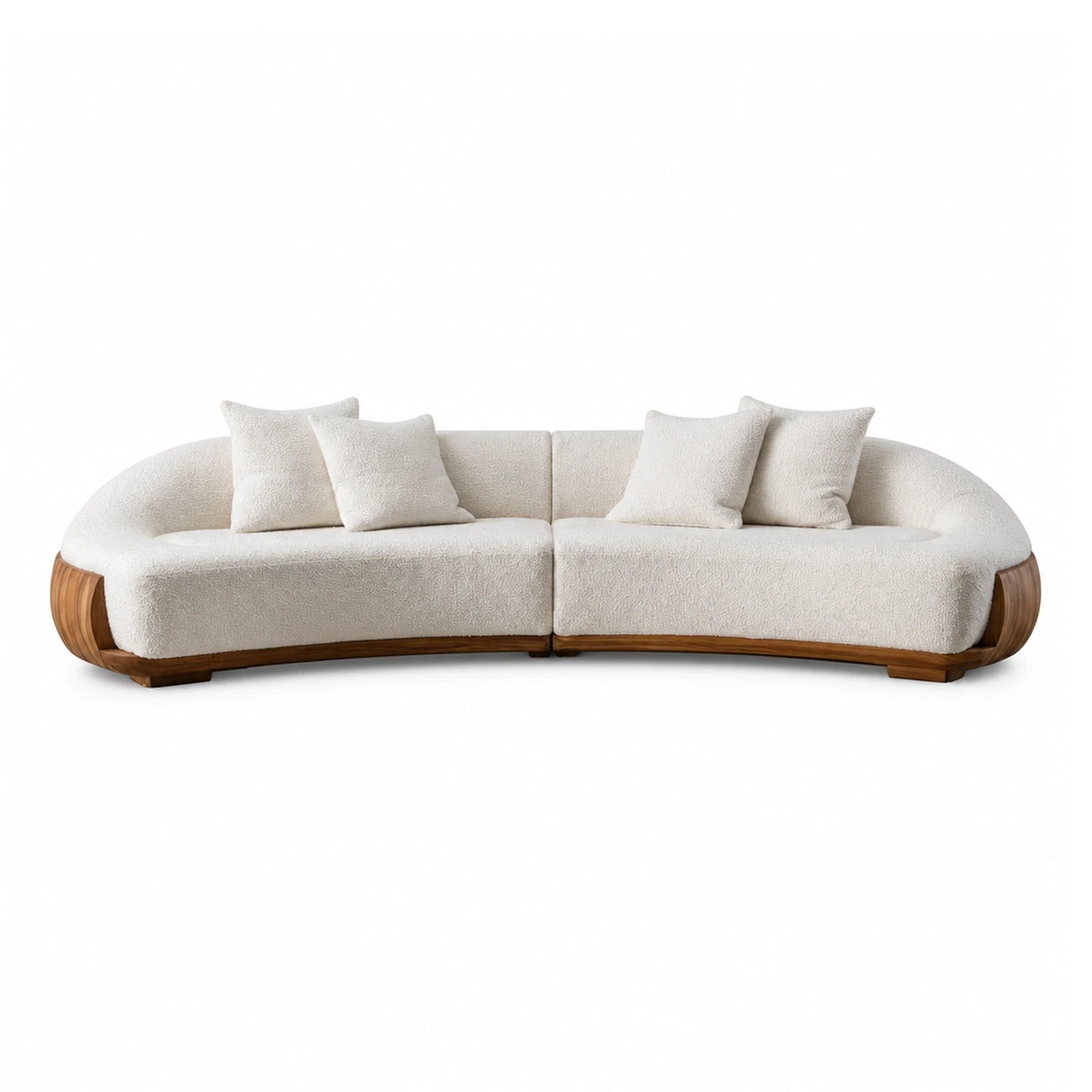Curved Cream Boucle Sectional Sofa with Wood Base
