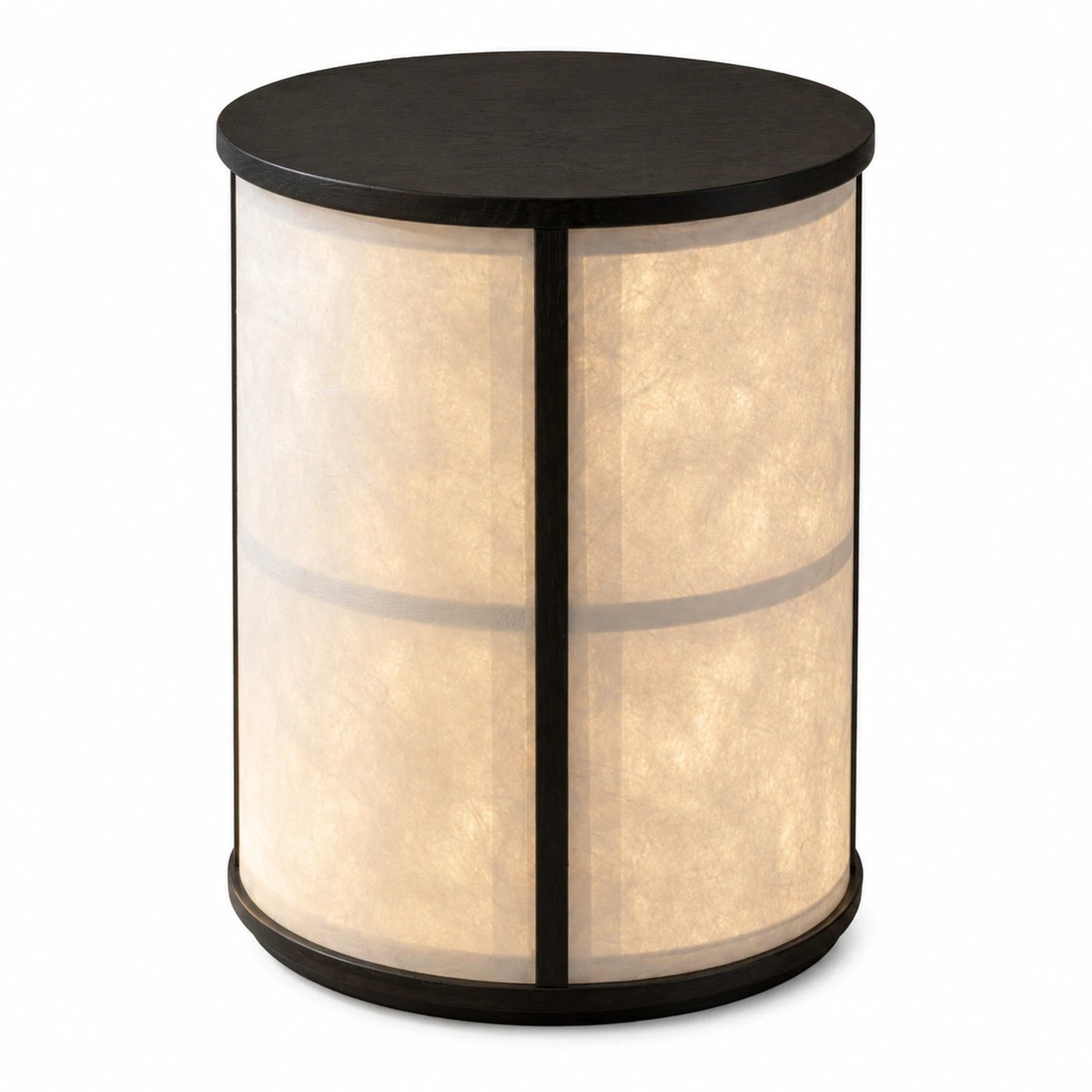 Cylindrical Table Lamp with Dark Wood Frame and Translucent Shade