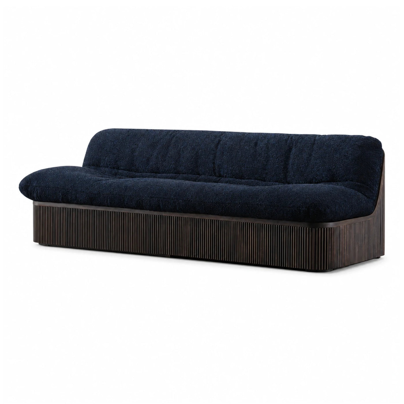 Dark Blue Textured Sofa with Fluted Wood Base