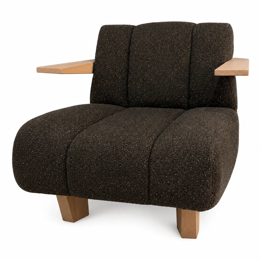 Dark Brown Boucle Armchair with Wooden Side Tables