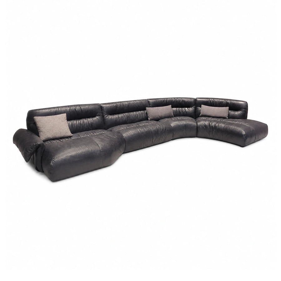 Wide Plank Black Leather Curved Sectional Sofa with Pillows Sectionals