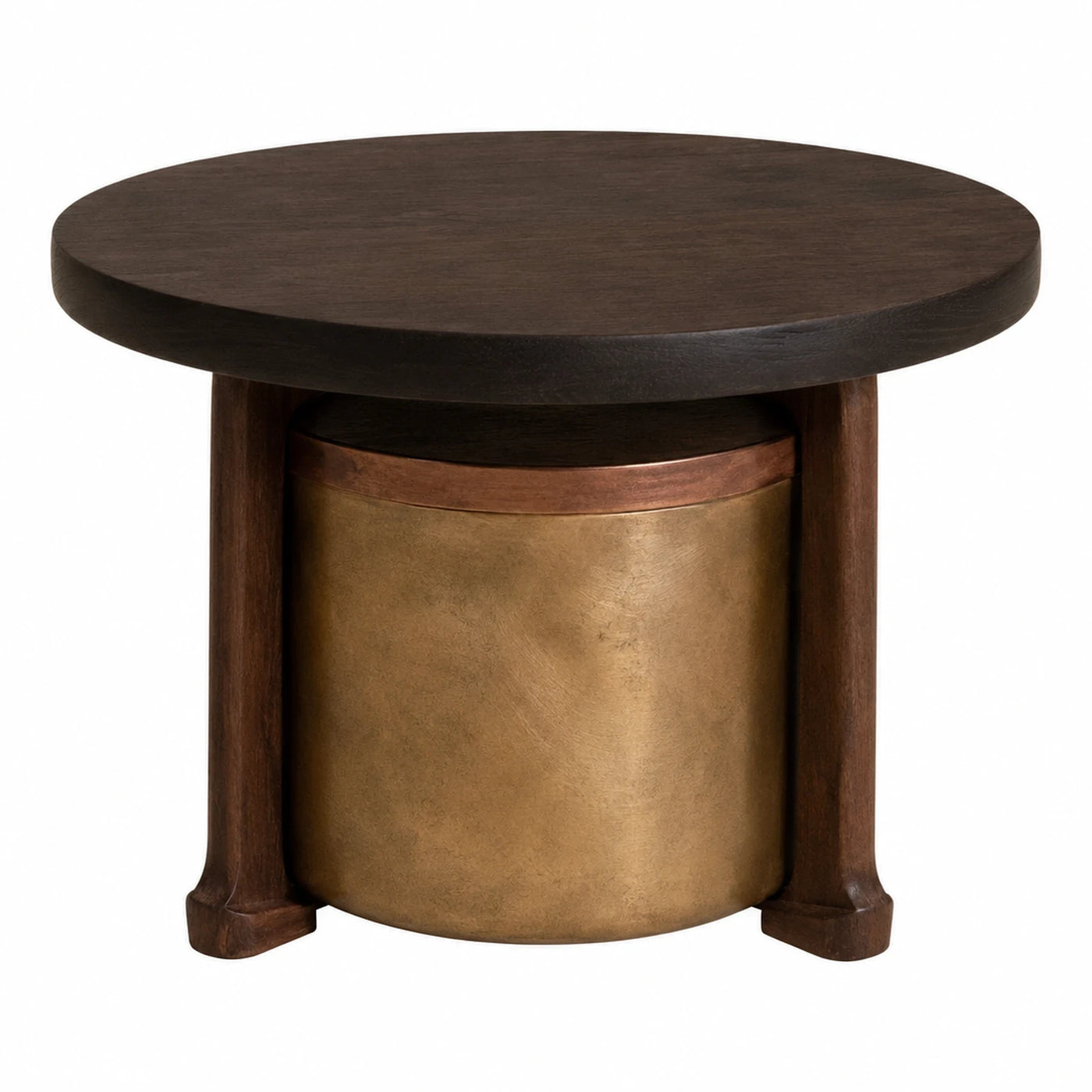 Round Dark Wood Side Table with Brass Storage