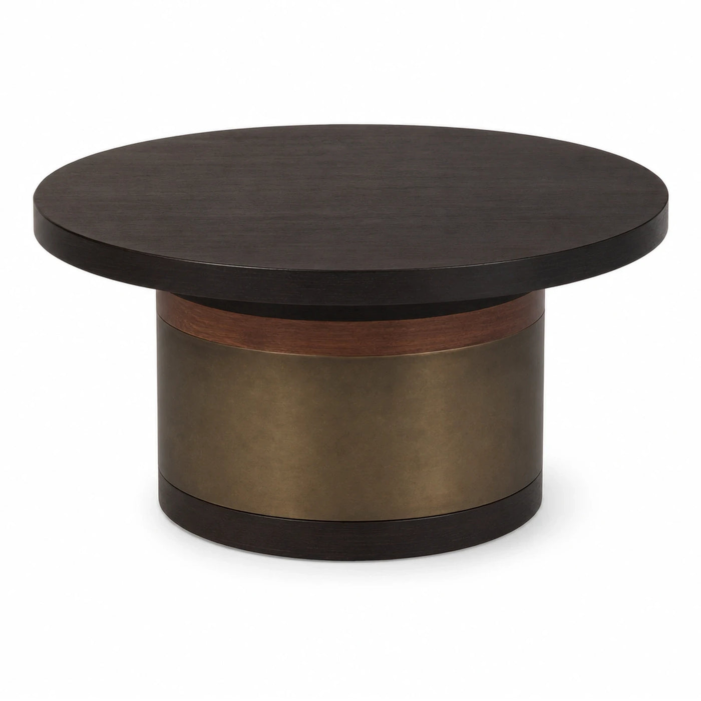 Round Dark Wood Coffee Table with Brass Base