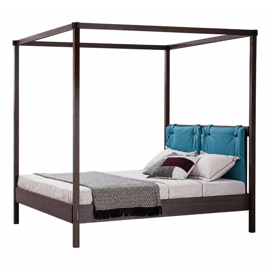 Dark Wood Canopy Bed with Blue Leather Headboard