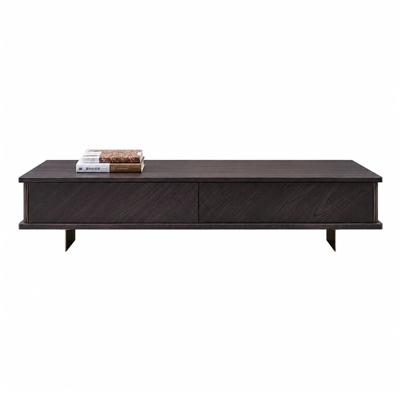 Dark Wood Low Profile Media Console with Metal Legs