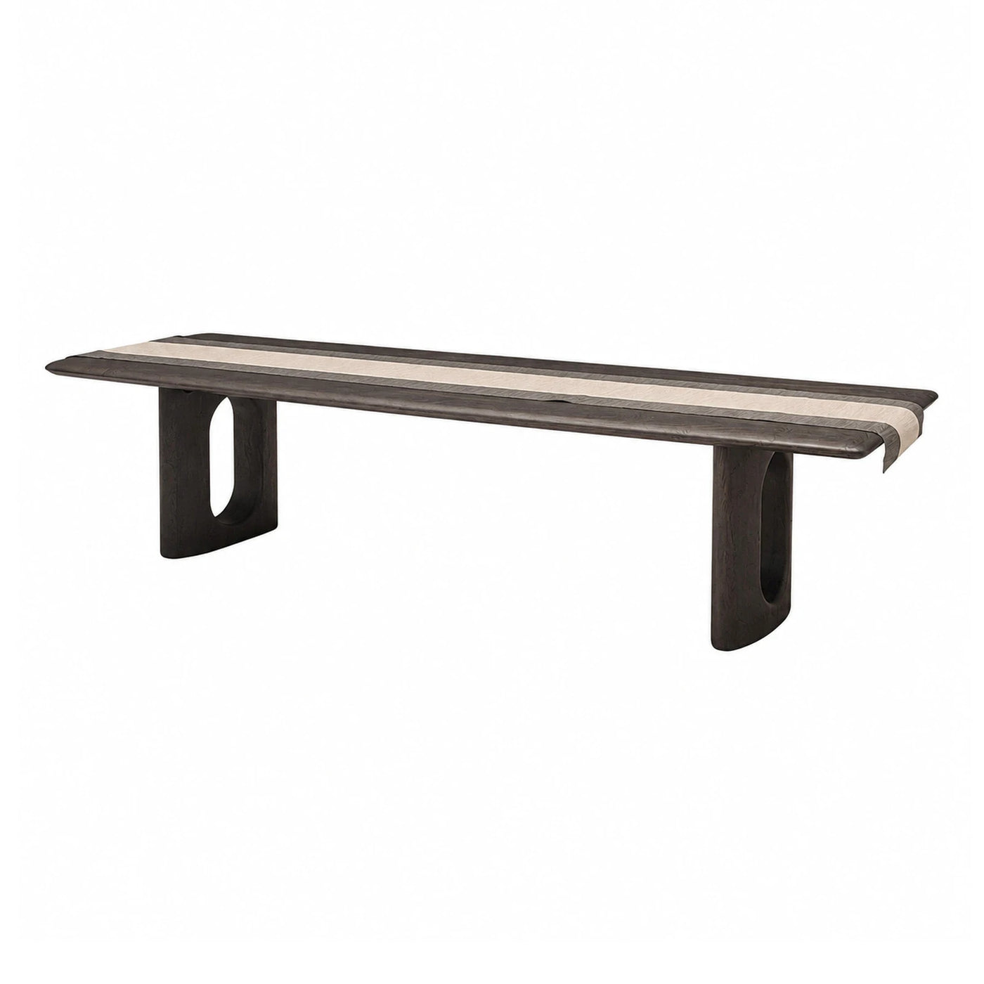 Dark Wood Bench with Light Inlay and Oval Cutout Legs