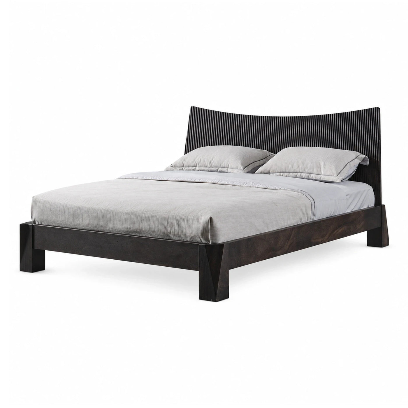 Dark Wood Platform Bed with Fluted Headboard