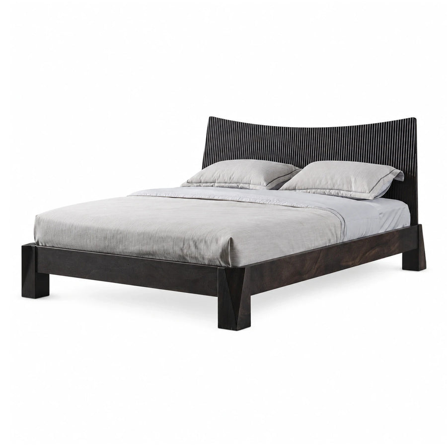 Dark Wood Platform Bed with Fluted Headboard