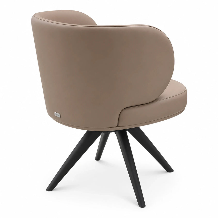 Beige Leather Swivel Armchair with Black Wooden Legs