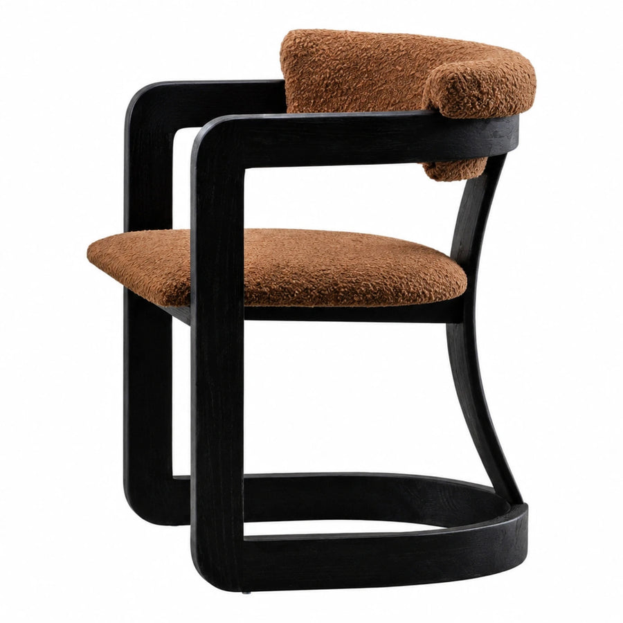 Wide Plank Black Wood Frame Brown Boucle Armchair