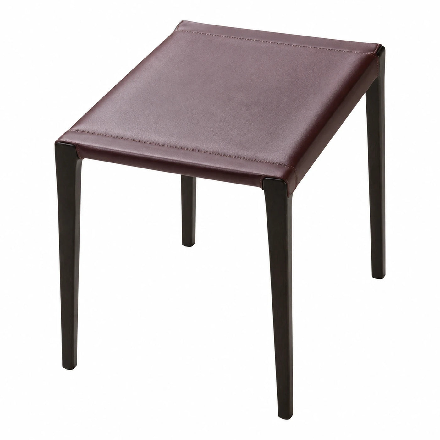 Dark Brown Leather Square Stool with Wood Legs