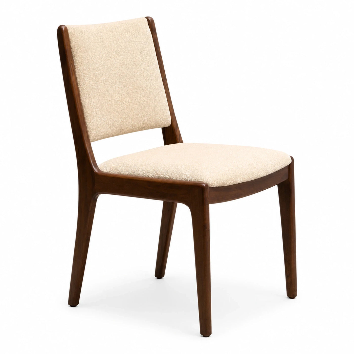 Walnut Wood Dining Chair with Cream Boucle Upholstery