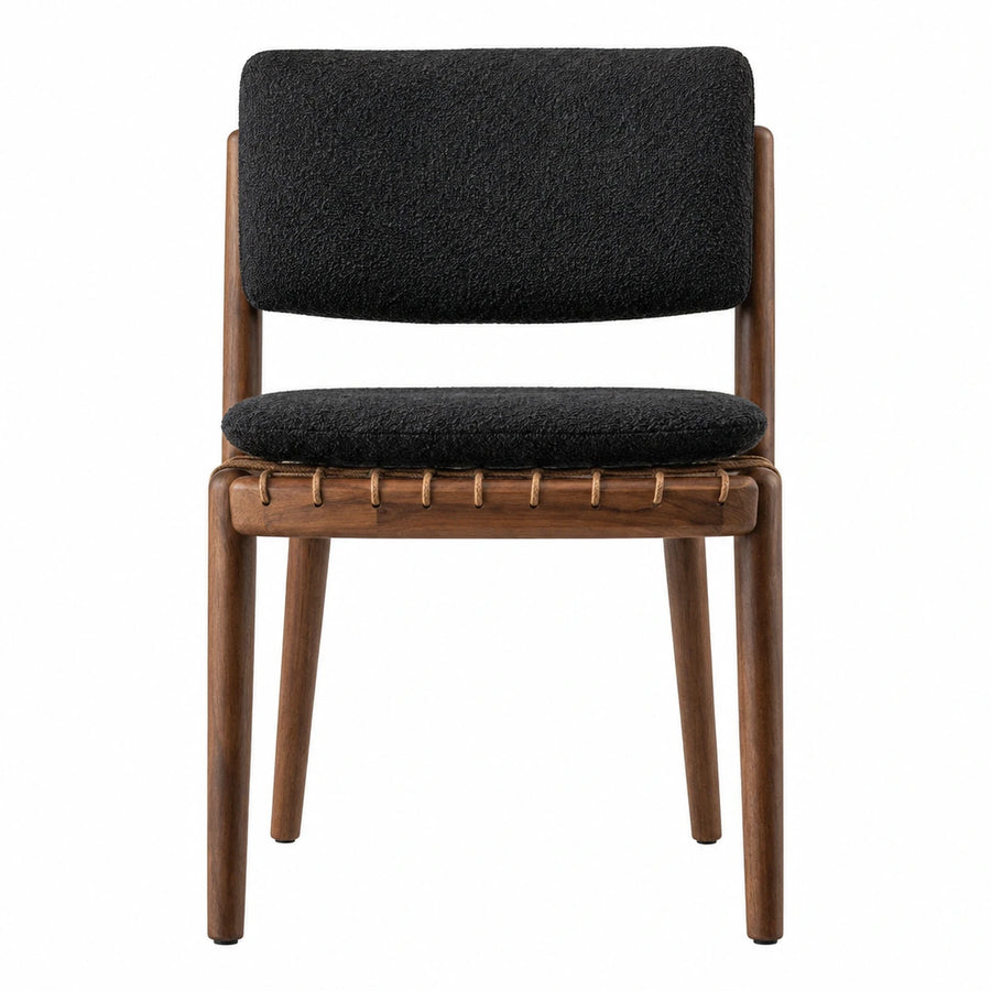 Black Boucle Upholstered Dining Chair with Walnut Wood Frame