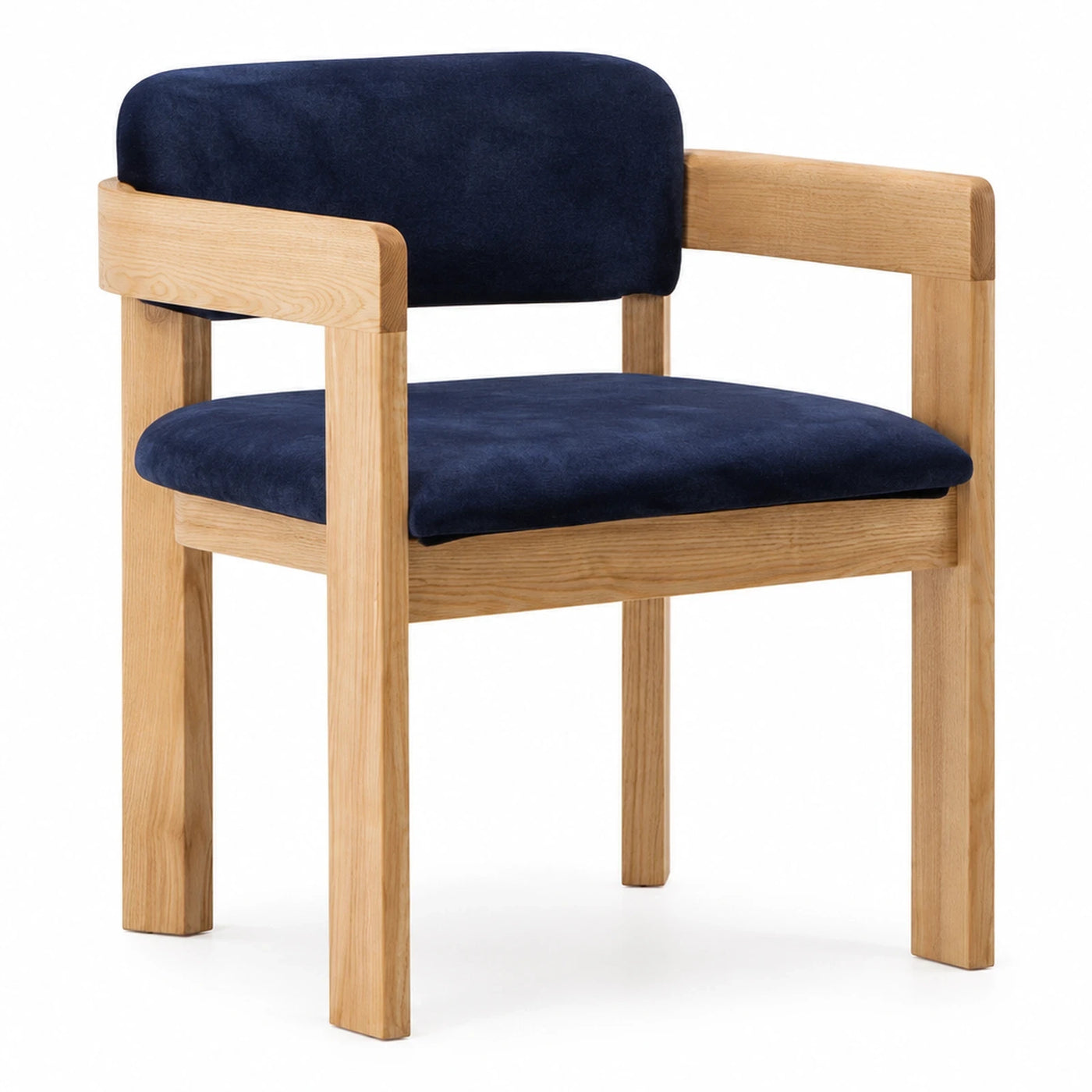 Navy Blue Velvet Upholstered Armchair with Light Oak Wood Frame