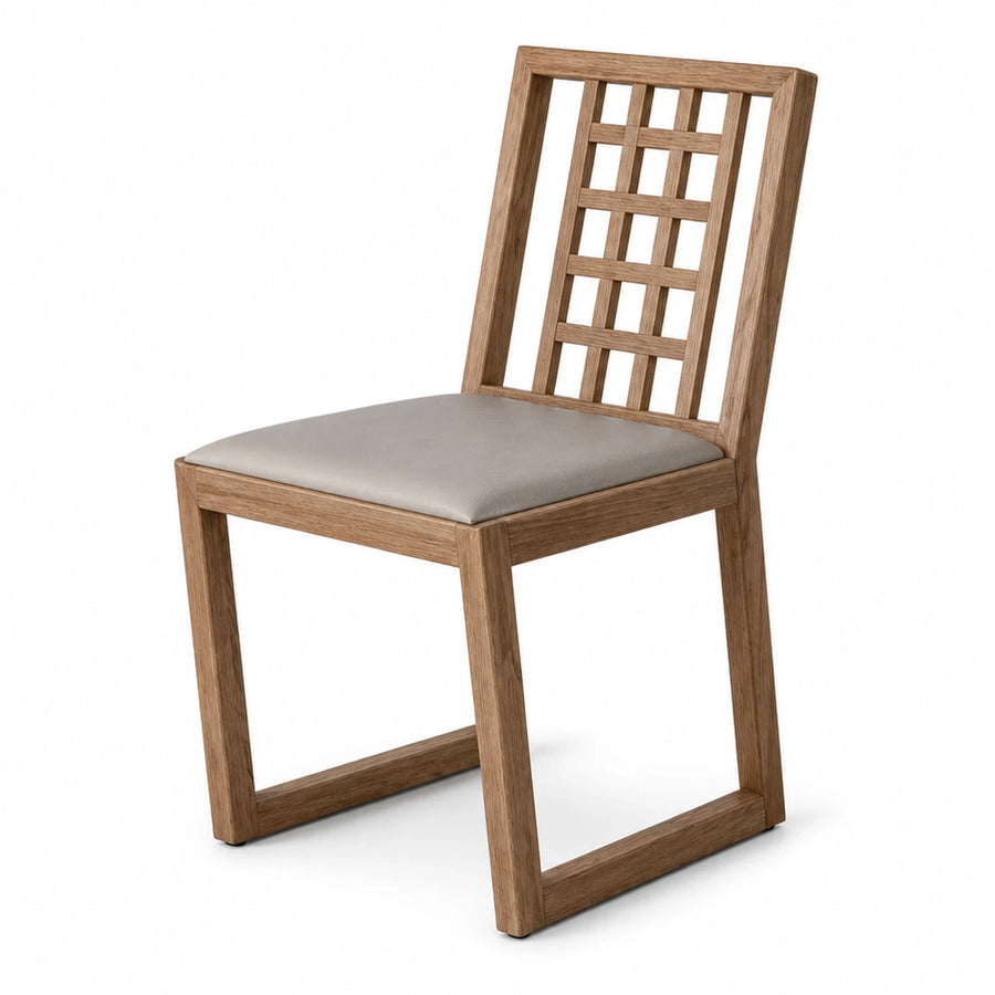 Wooden Dining Chair with Lattice Back and Beige Seat