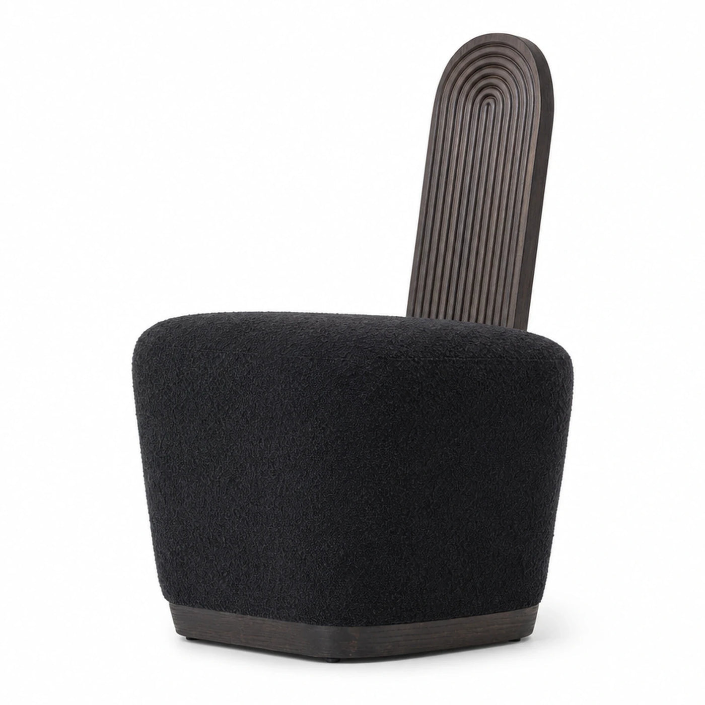 Wide Plank Black Boucle Lounge Chair with Fluted Wood Back
