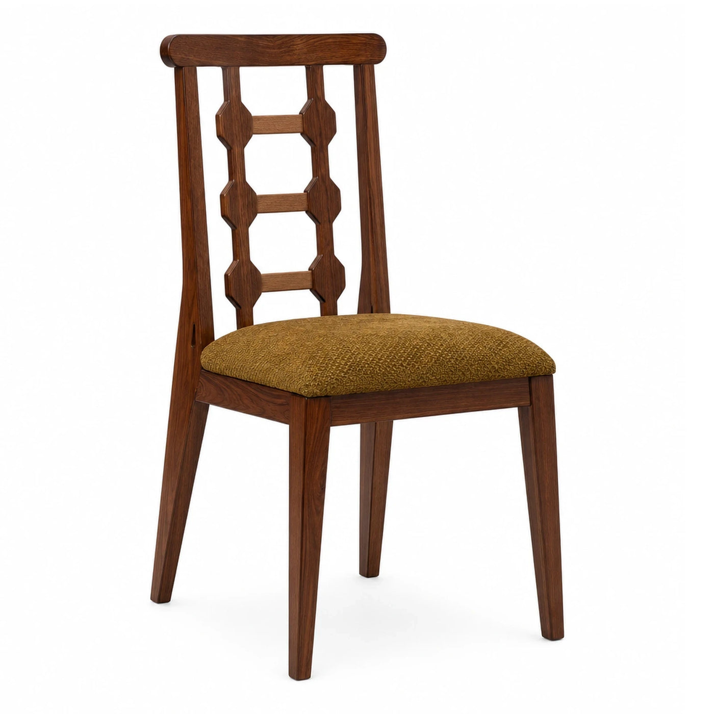 Walnut Wood Dining Chair with Geometric Backrest and Mustard Fabric Seat