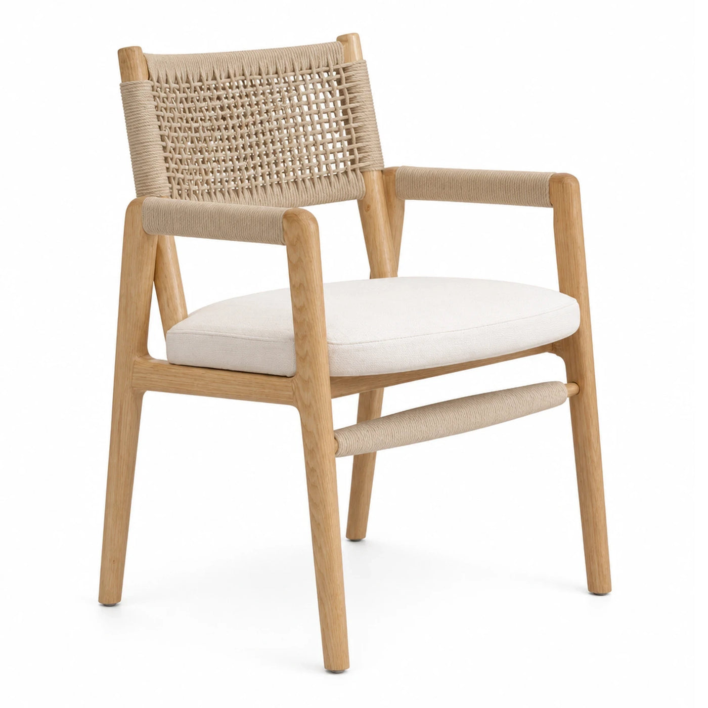 Light Wood Armchair with Woven Rope Back and Cream Cushion
