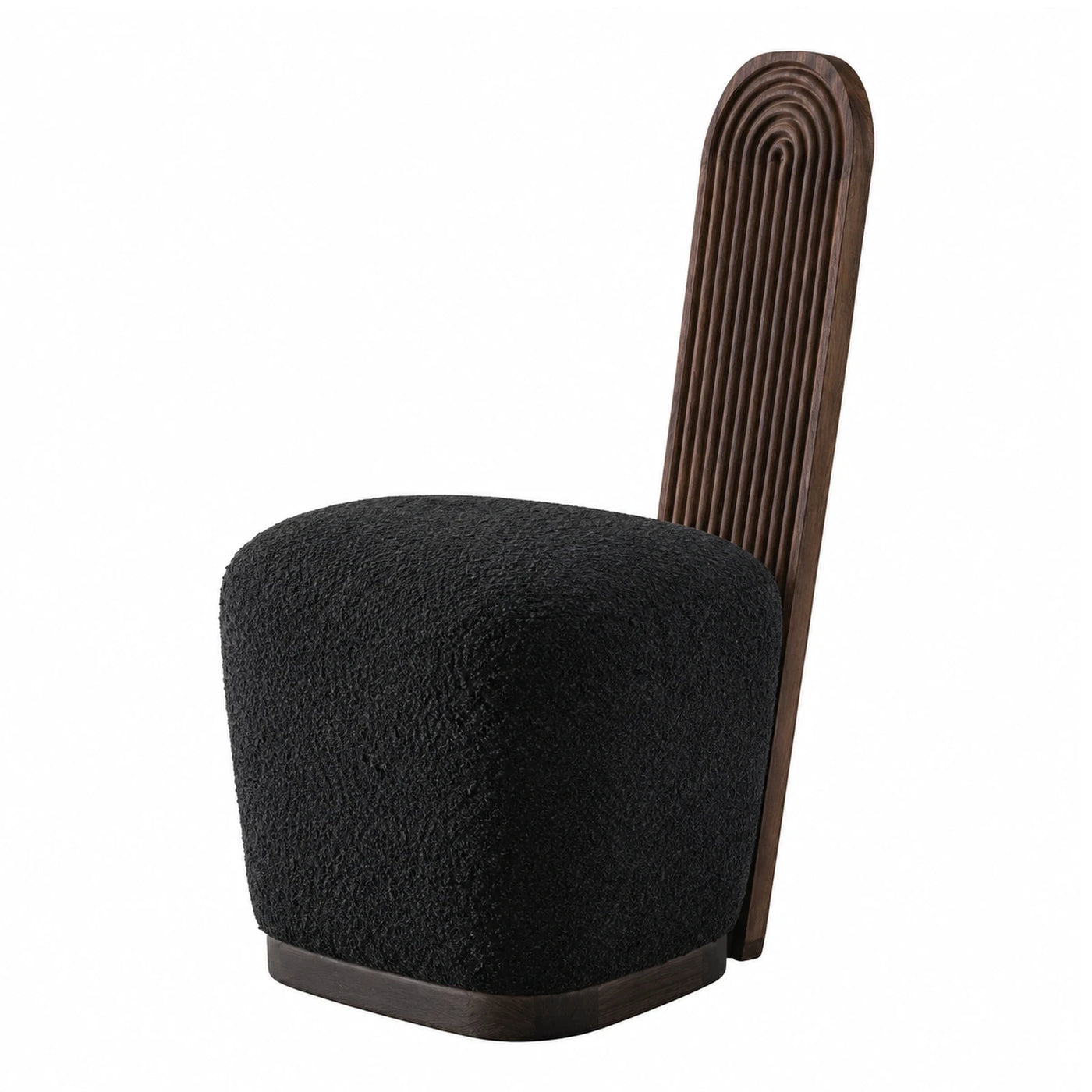 Linear Black Boucle Lounge Chair with Fluted Wood Back