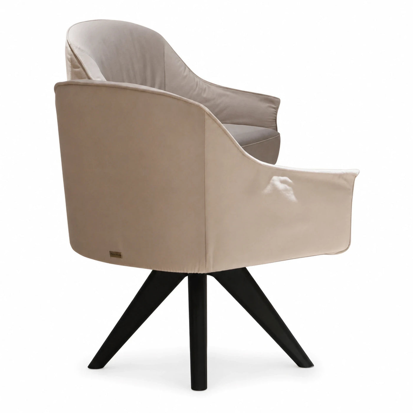 Beige Velvet Swivel Armchair with Black Wooden Base