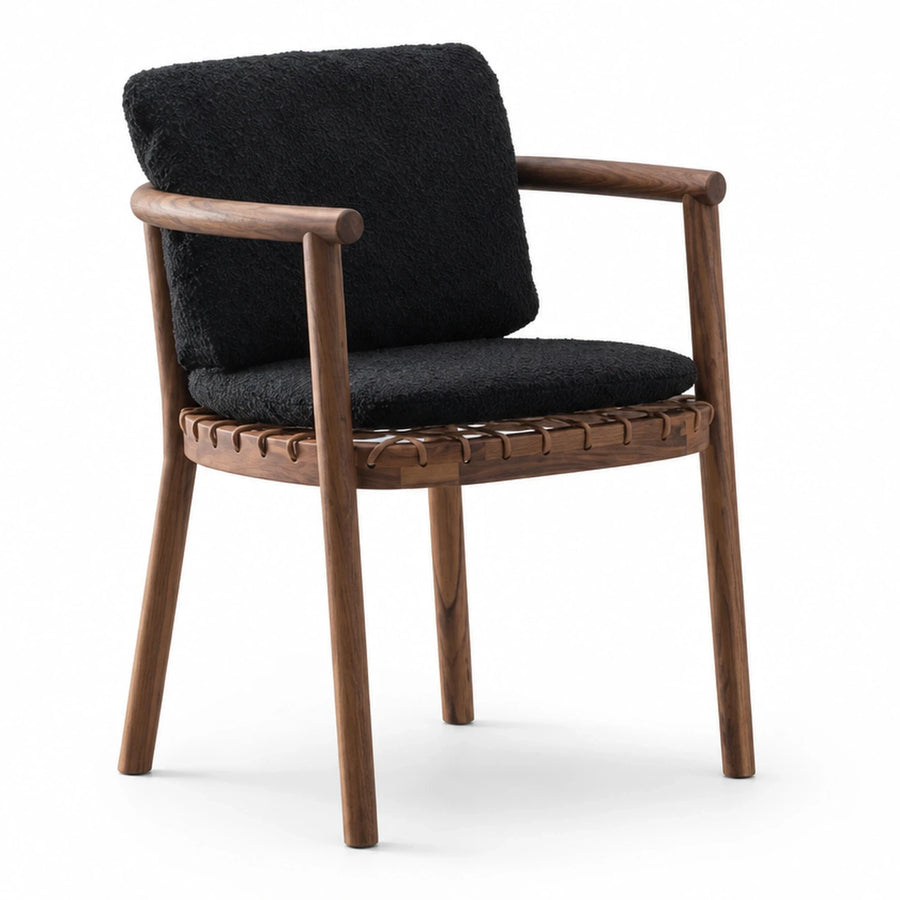 Wide Plank Black Boucle Armchair with Walnut Wood Frame