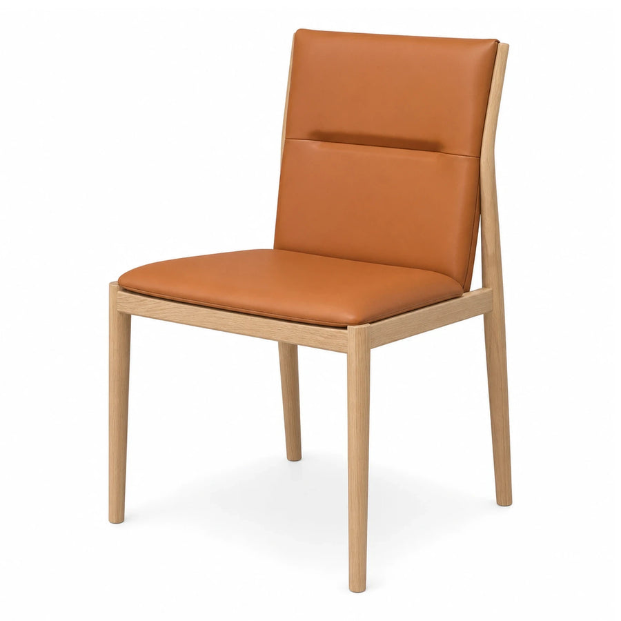 Tan Leather Upholstered Dining Chair with Light Wood Frame