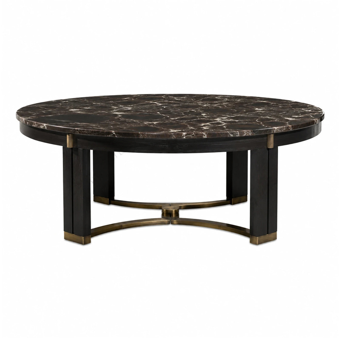 Round Dark Marble Top Coffee Table with Brass Accents