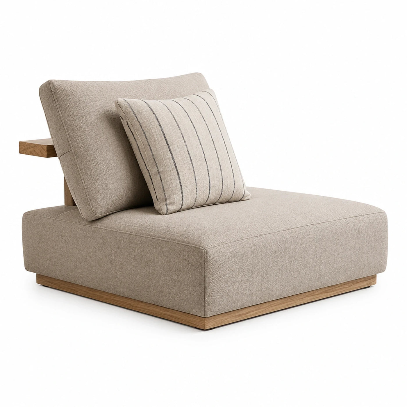 Beige Fabric Lounge Chair with Wooden Side Table